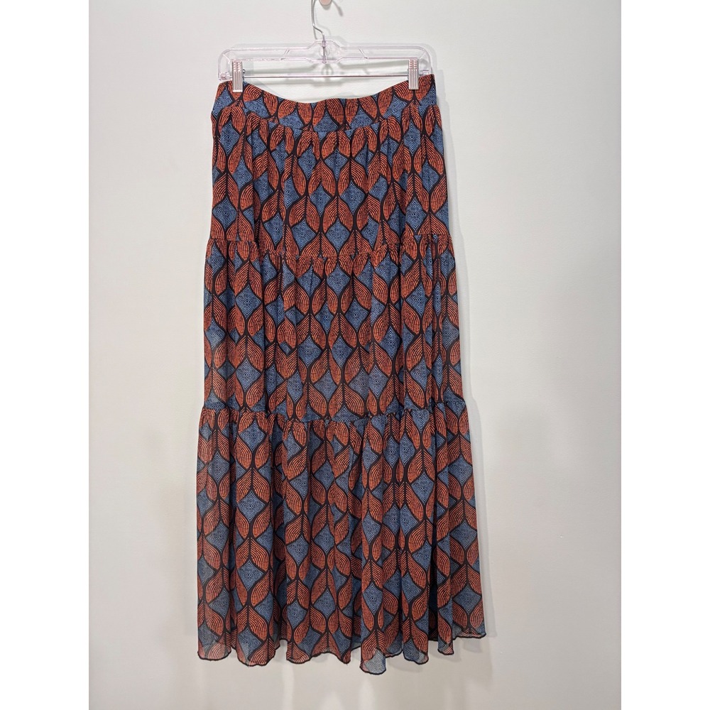 Melloday Women Blue Rust Orange Geometric Leaf Print Tiered Maxi Skirt Large